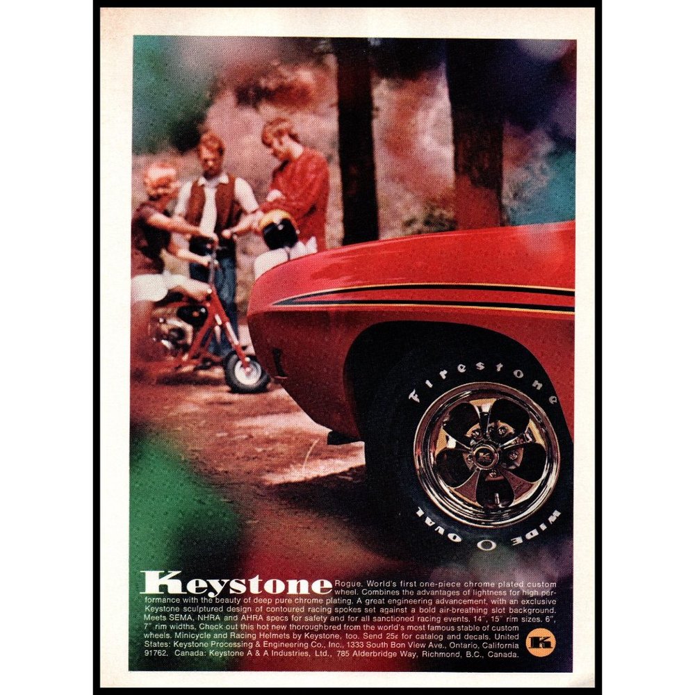 1971 Keystone Rogue Chrome Custom Wheel Vintage Print Ad Firestone Tire Wall Art